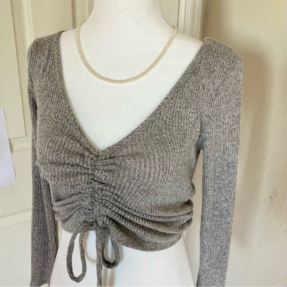 Taupe scrunch tie long sleeve top